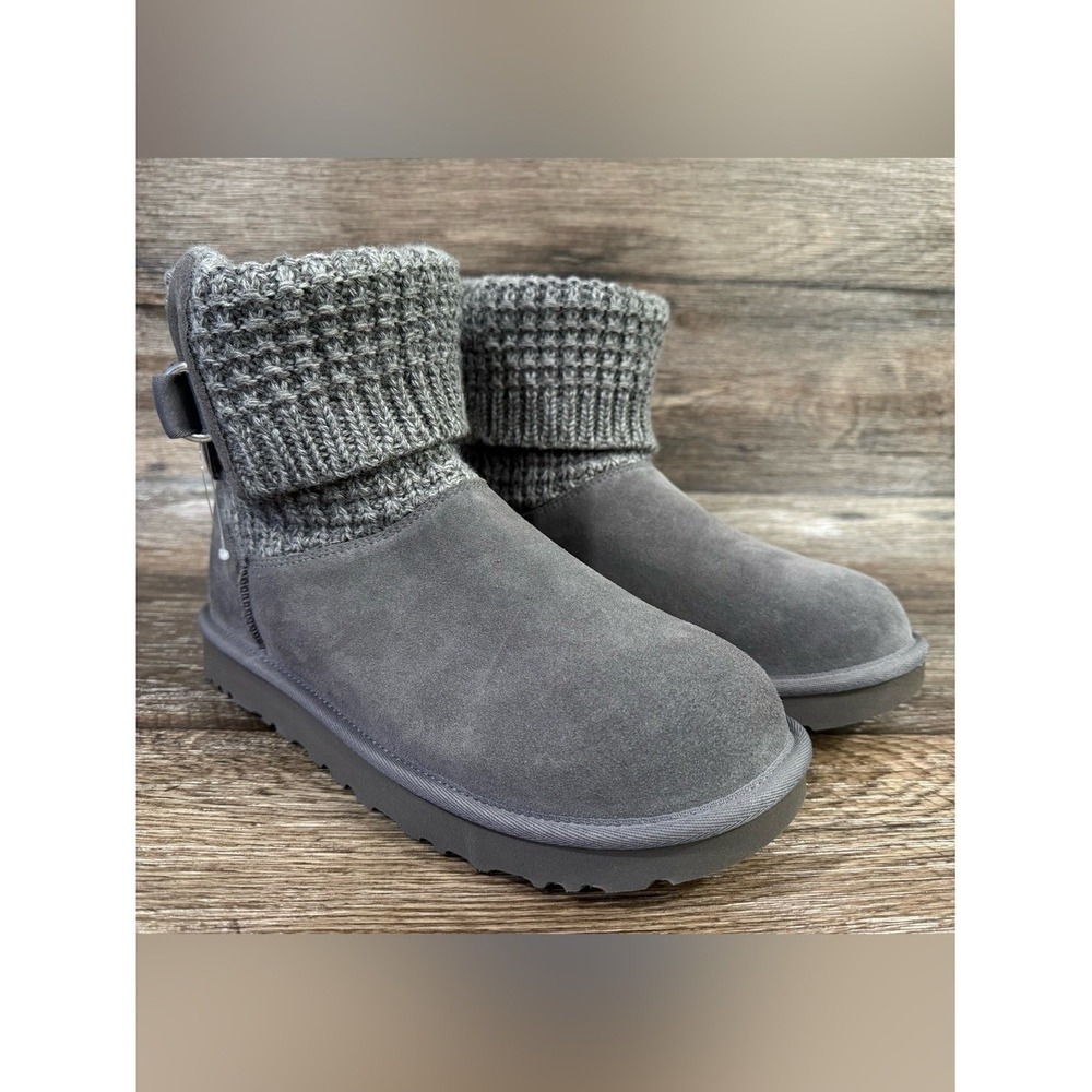NWOB UGG Classic Solene Mini Flat Ankle Bootie Charcoal Gray Knit & Suede SZ 11